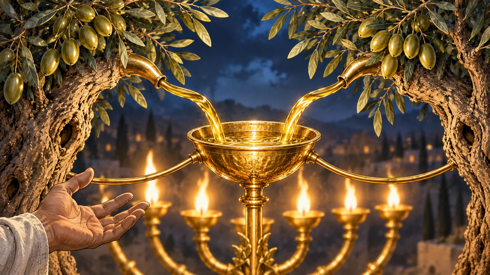 Close visionary view of two olive branches feeding golden oil into the lampstand.