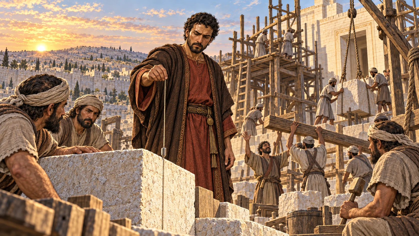 Zerubbabel holds a plumb line before Temple foundations as a symbolic mountain levels.