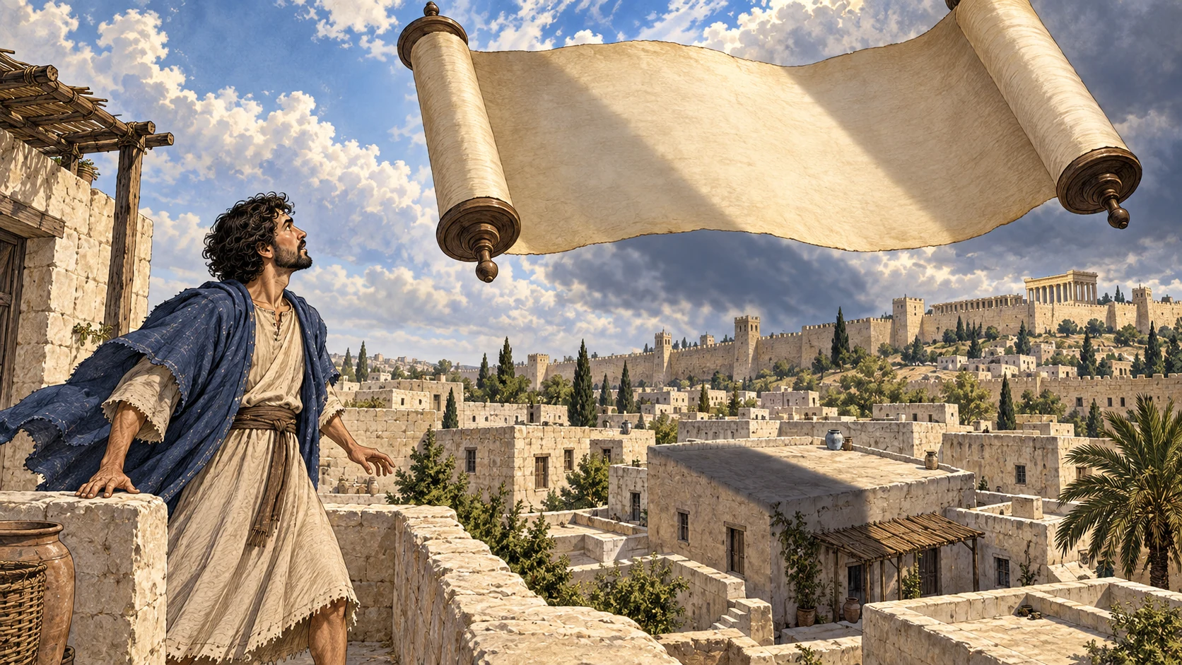 Zechariah watches an enormous unlettered scroll fly above rooftops.