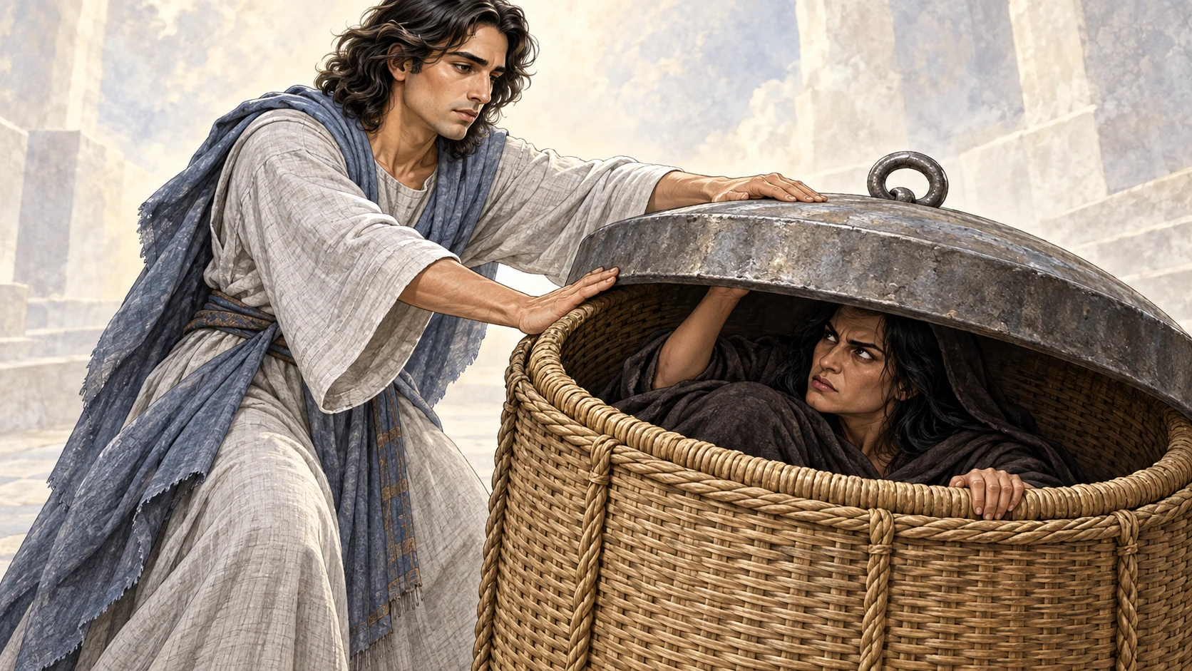 Interpreting angel reveals a visionary grain basket with a restrained symbolic woman inside.
