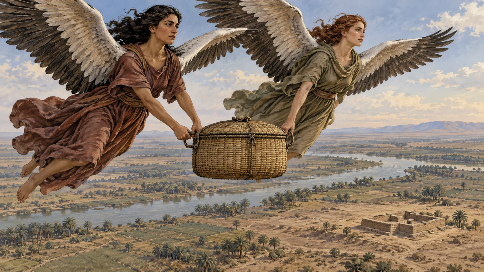 Two stork-winged visionary women lift a sealed basket toward distant Shinar.