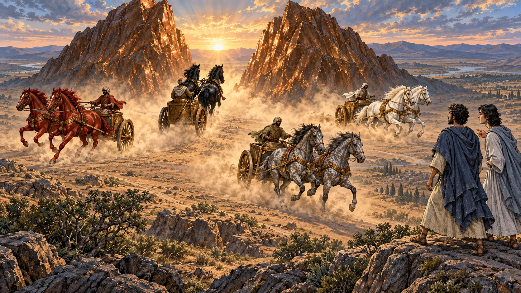 Four chariots with red, black, white, and dappled horses emerge between bronze mountains.