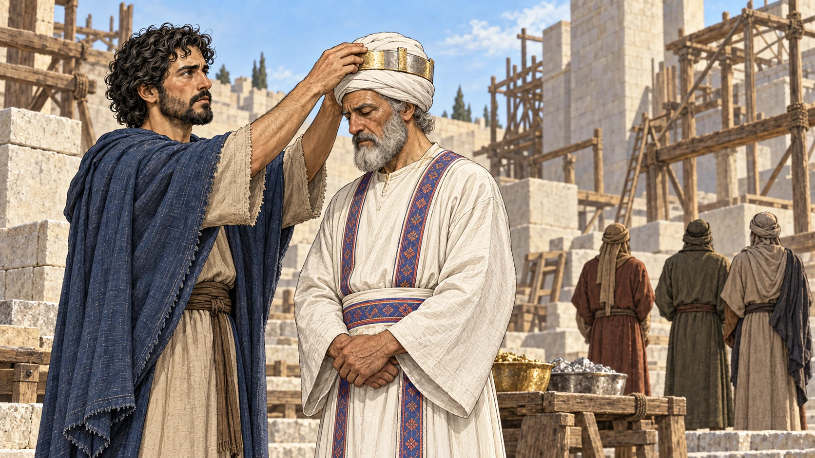 Zechariah places an ornate crown on Joshua in the unfinished Temple, witnesses gathered.