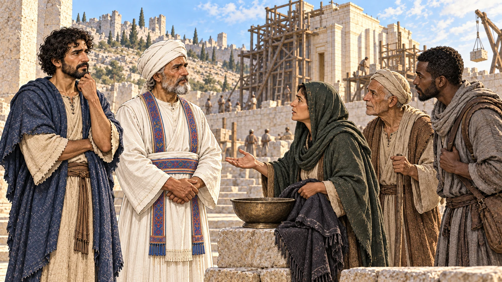 Delegates from Bethel question priests and prophets in the Temple courtyard.