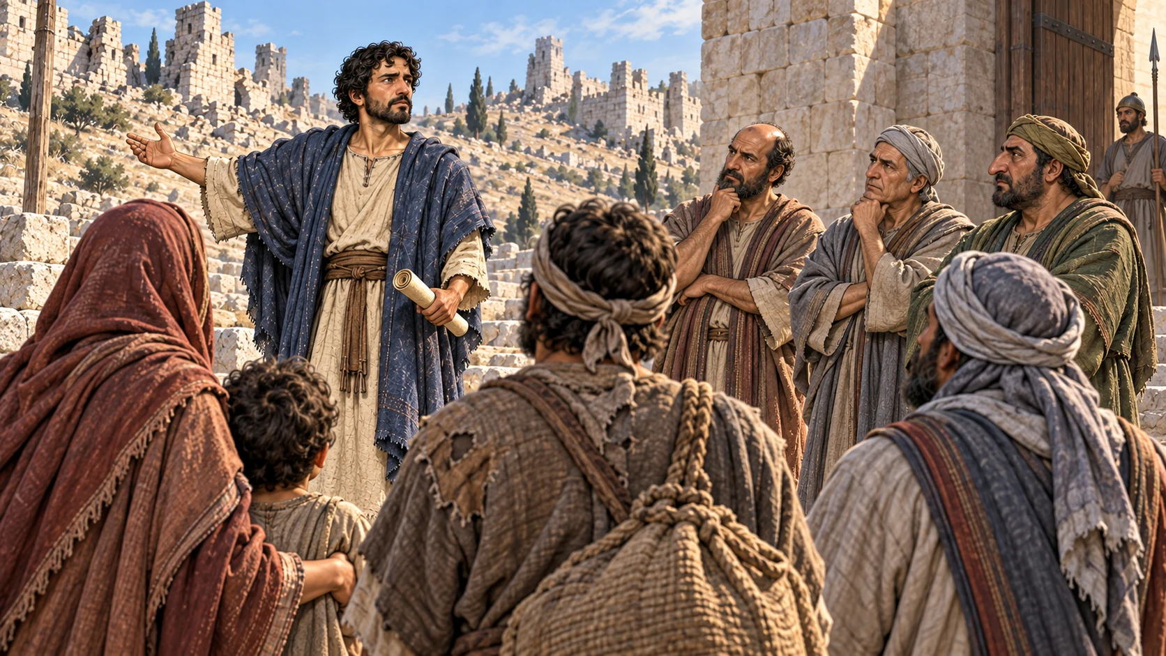 Zechariah confronts leaders while widows, orphans, foreigners, and poor neighbors stand nearby.