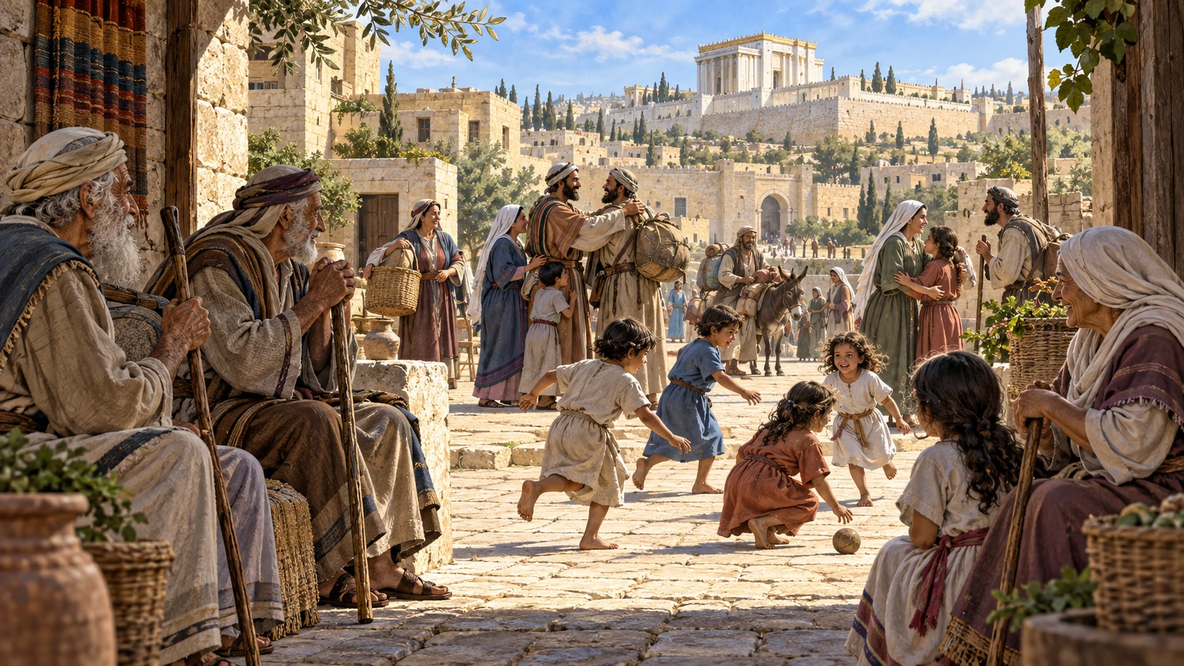 Restored Jerusalem square with elders seated and children playing safely.