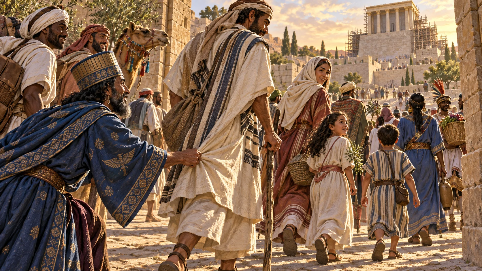 Joyful feast procession as people from many nations respectfully join Judean pilgrims.
