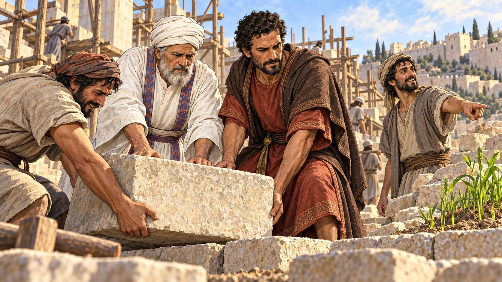 Joshua, Zerubbabel, and workers strengthen one another amid Temple construction and green shoots.
