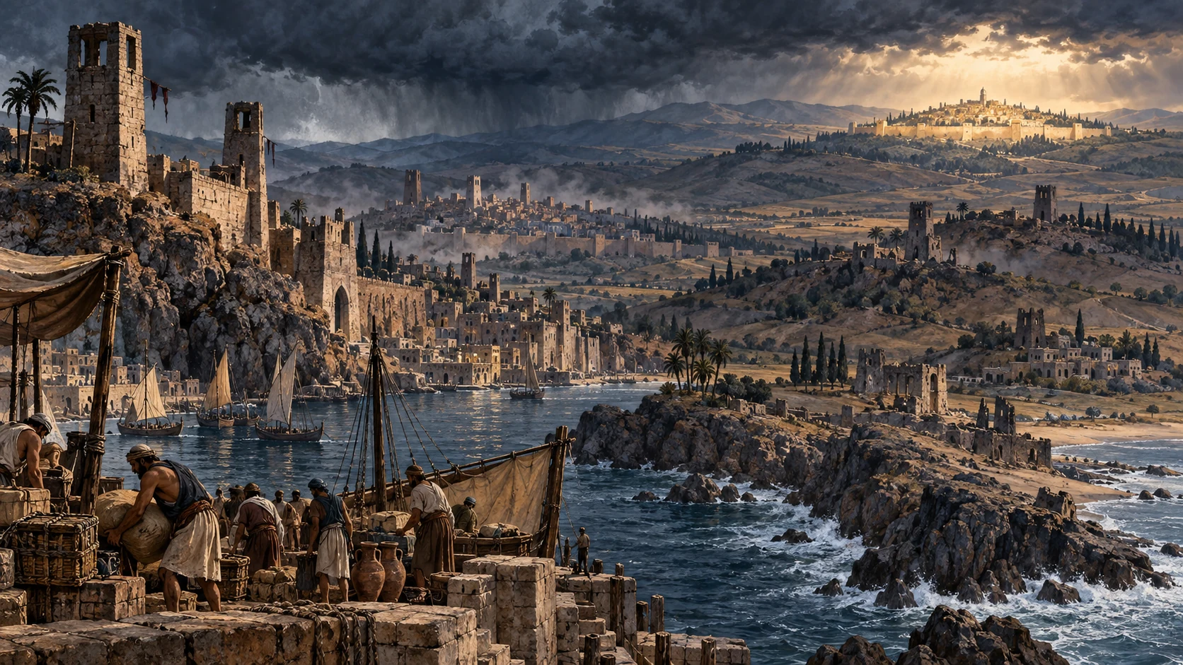 Wide regional montage of fortified cities humbled while Jerusalem remains guarded.