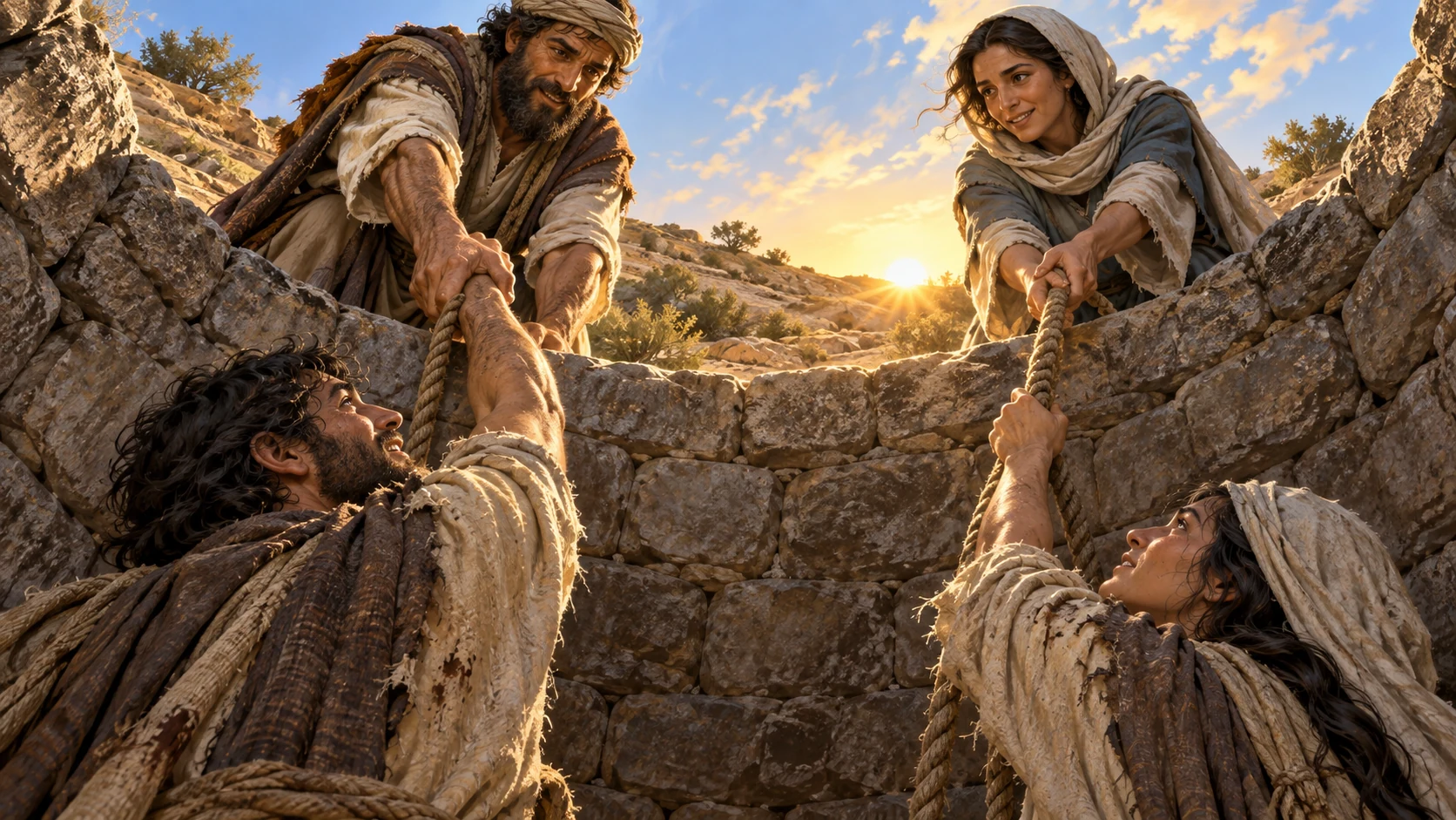 Released prisoners climb from a dry cistern as Judah and Ephraim gather defensively.