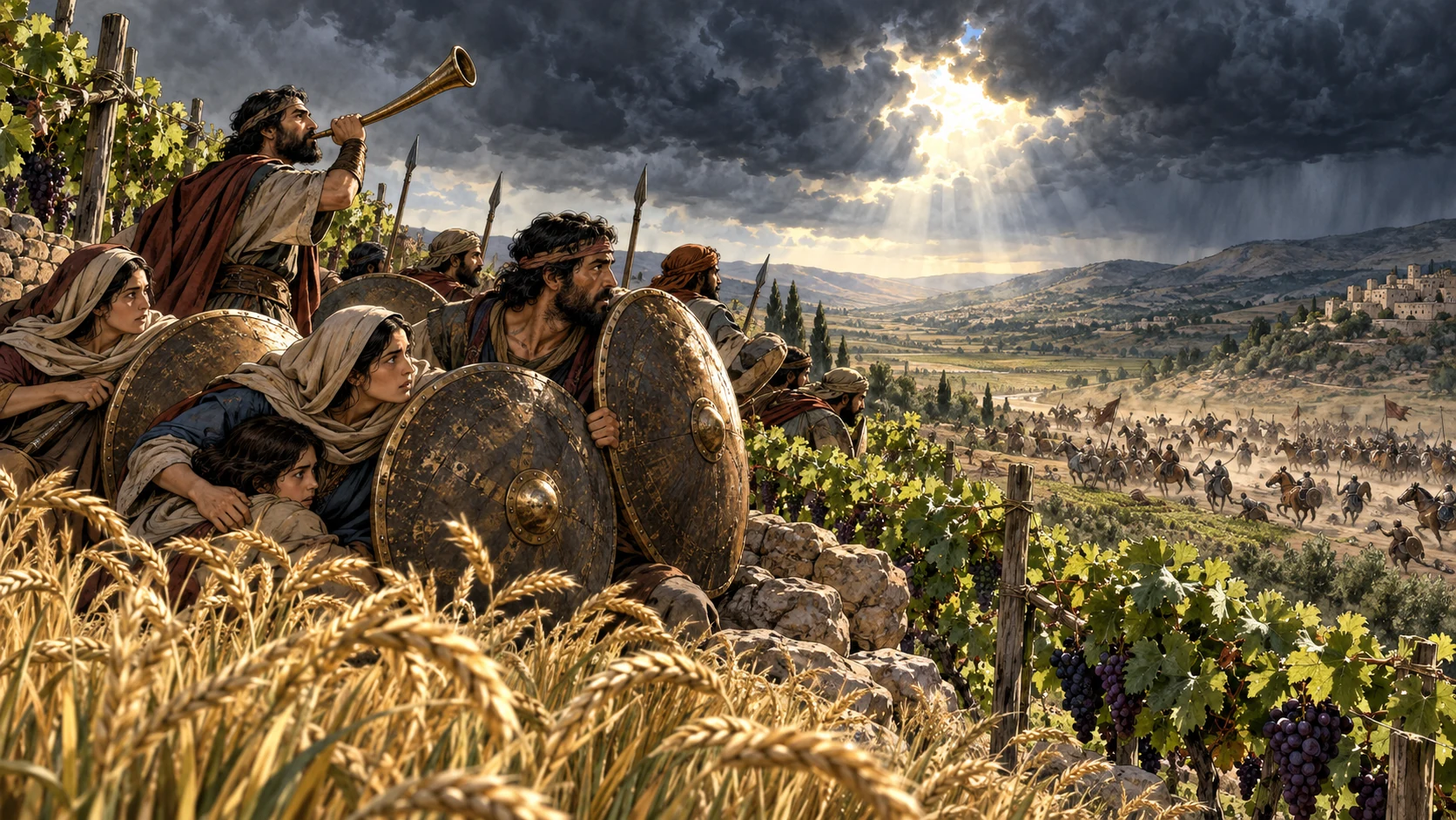 Symbolic storm above defenders of Judah, shielded from attackers; no visible deity.