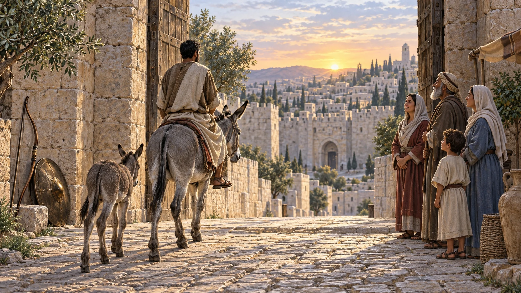 A humble king enters Jerusalem on a donkey as citizens rejoice, no New Testament figures.