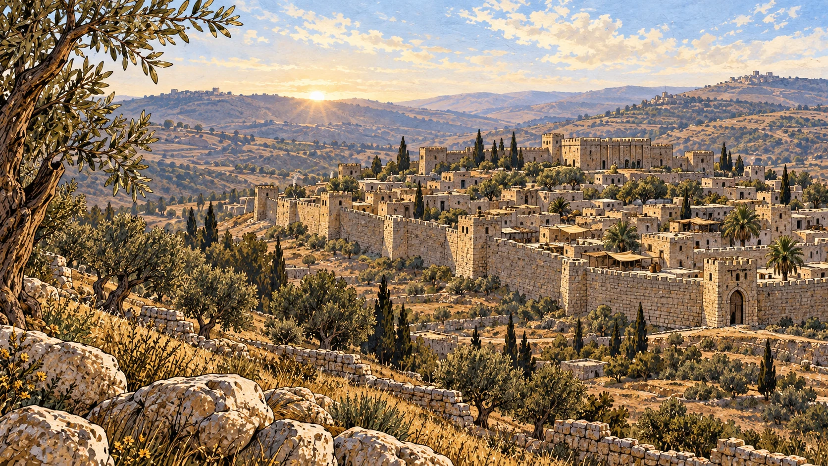 Wide elevated morning view of modest Iron Age Jerusalem, rough stone walls and flat roofs among Judean hills, no foreground people.