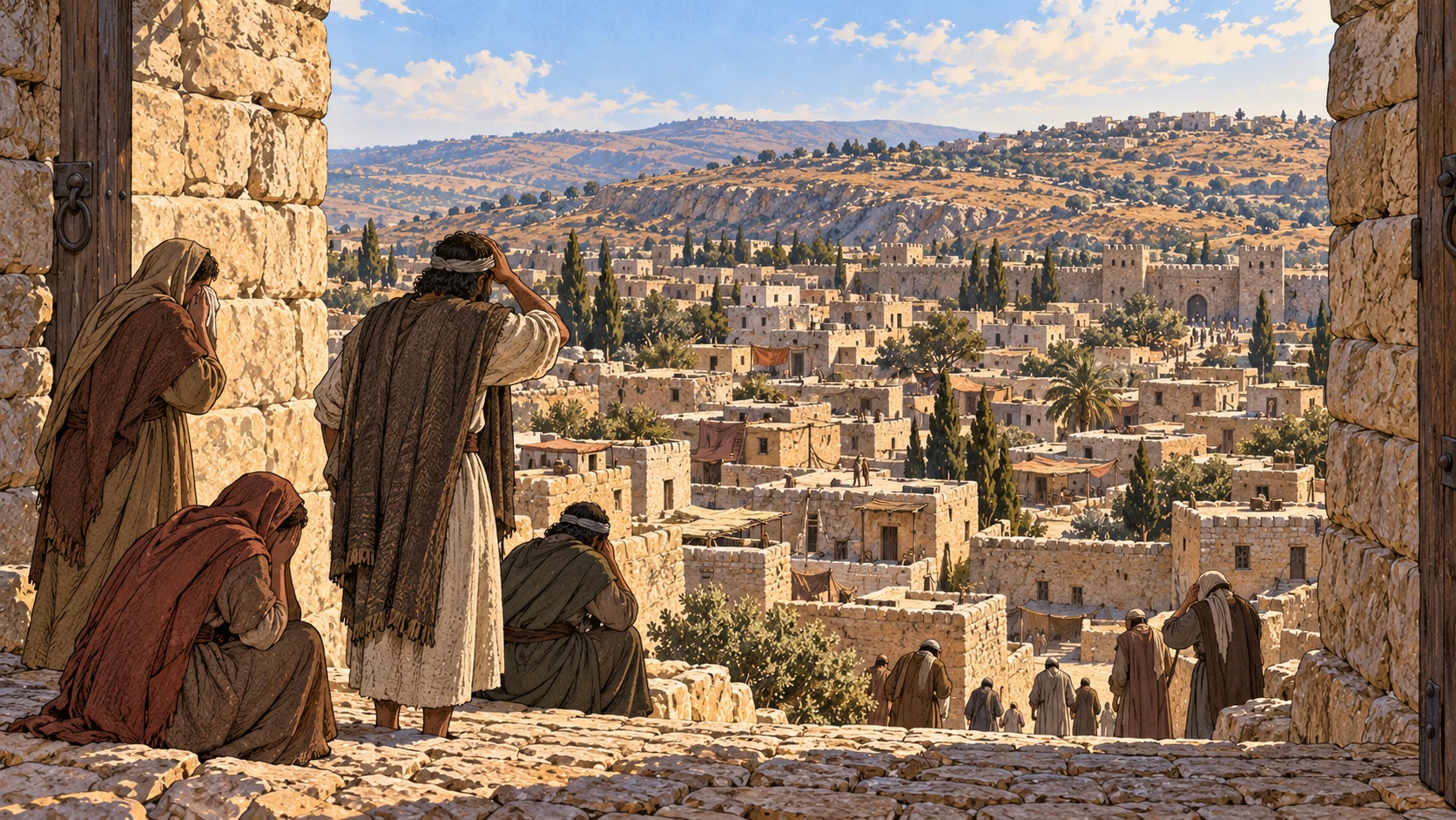 Broad reverse view from a rough stone city gate toward densely spaced lower rooftops and distant hills, anonymous tiny grieving silhouettes near gate, no collapsing temple.