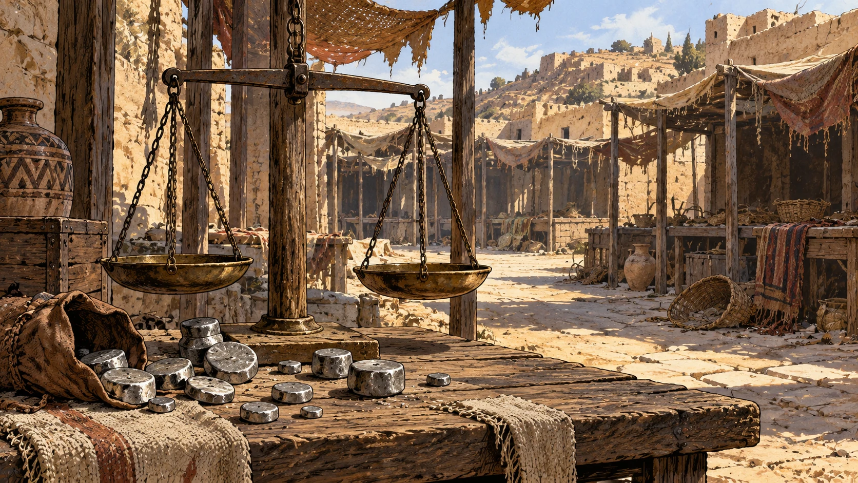 Object insert: empty marketplace balance suspended over scattered silver weights on a worn merchant table, dark deserted stalls behind.