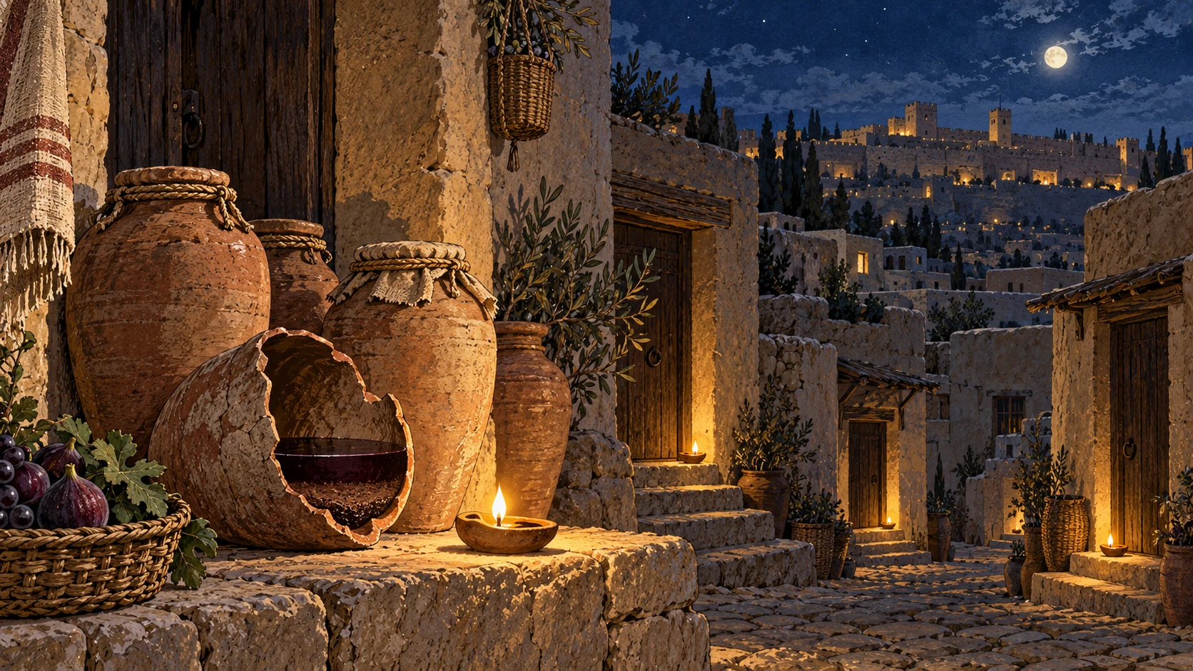 Night view of warm oil lamps lighting several dark Jerusalem doorways, sealed wine jars with sediment visible in one broken vessel foreground; no divine searcher.