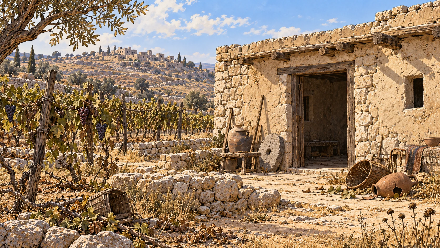 Wide desolate newly built stone house with empty doorway beside a planted untended vineyard and abandoned household possessions, no looter.