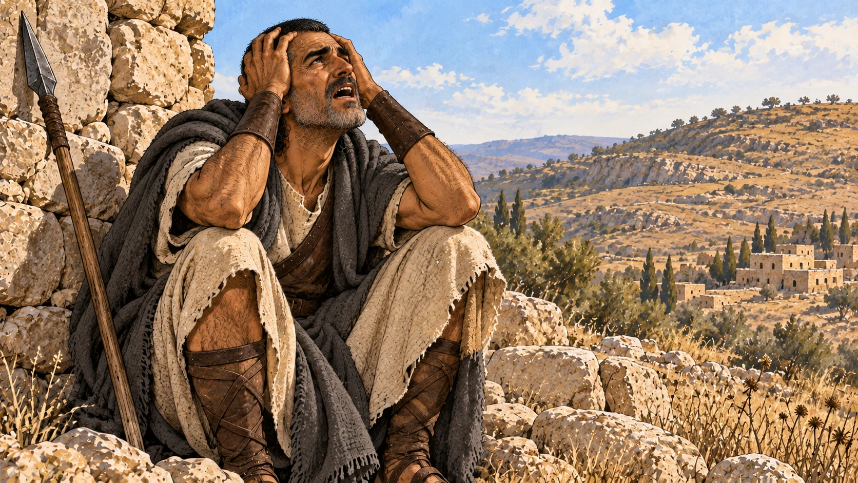 Close dignified anonymous Iron Age warrior crouched by a rough wall, mouth open in grief, discarded plain spear behind, no battle or wounds.
