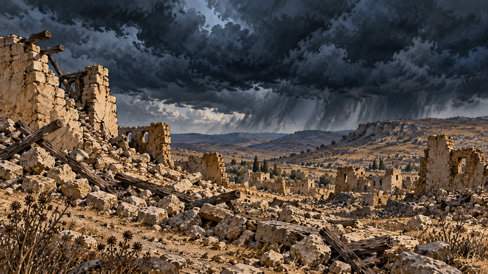 Extreme wide landscape of empty rubble and a broken ordinary wall under heavy blue-black storm clouds, no human subject.