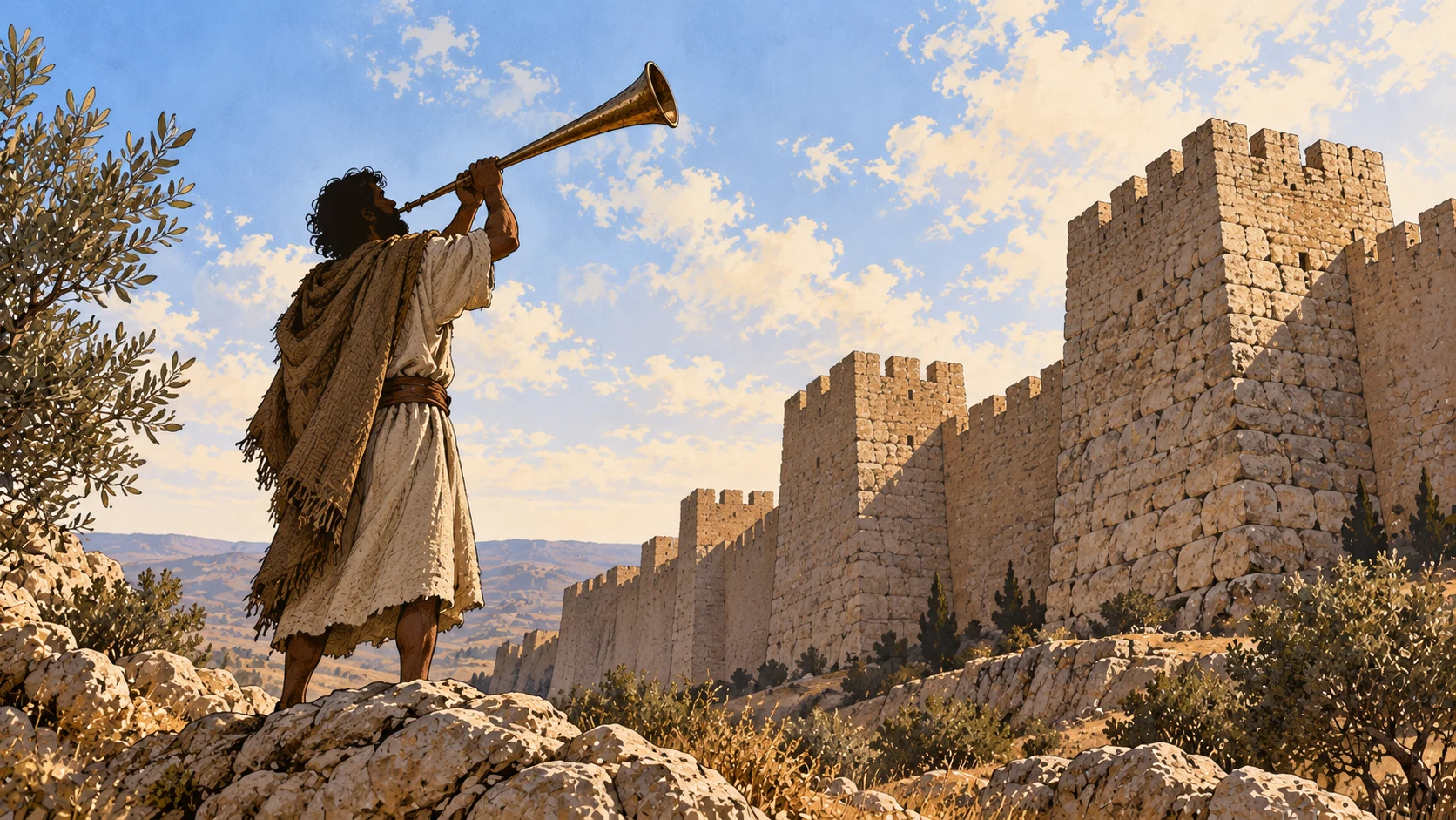 Low upward view of plain ancient bronze trumpet lifted by anonymous distant silhouette before massive rough-stone battlements, no speech or armies.