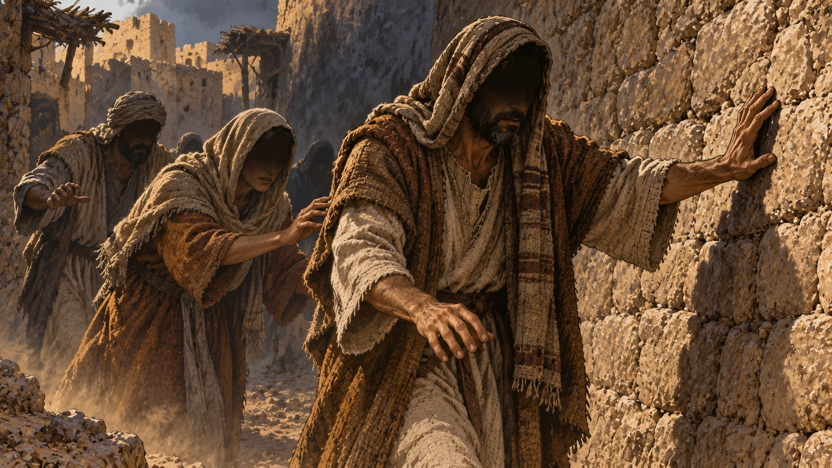 Anonymous clothed adults cautiously feel along a rough wall in dusty dim light, eyes obscured by shadow, no injury or literal blindness diagnosis.