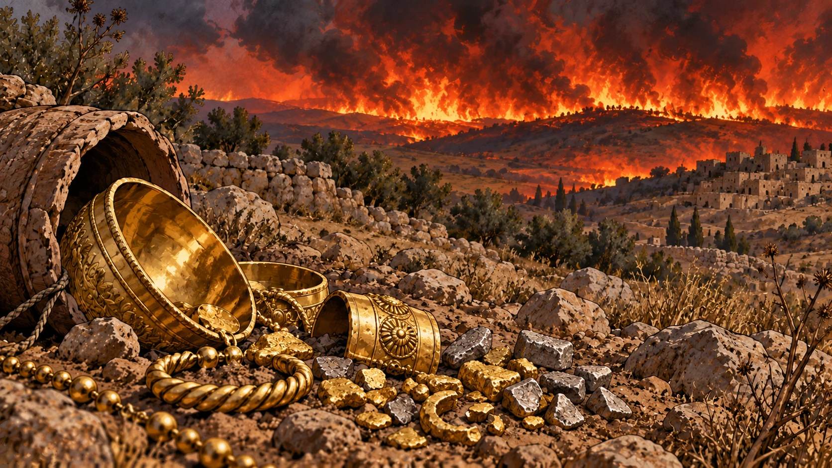 Foreground close gleaming gold and silver pieces powerless on bare ground, distant broad red-orange fire horizon beneath dark sky, no bodies or divine figure.