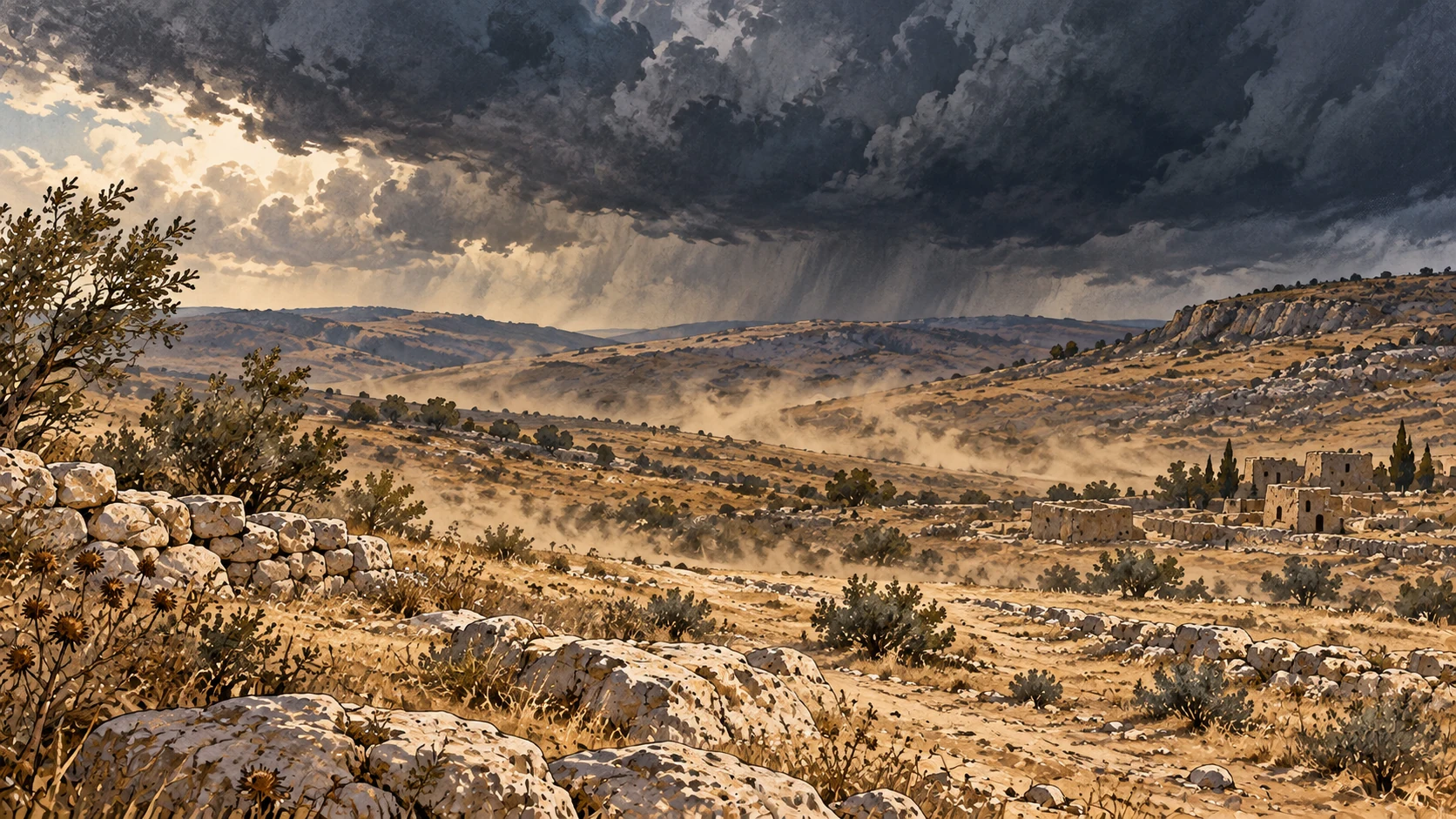 Empty sweeping earth and distant hills beneath immense dark cloud shadow, dust crossing bare ground, no deity or hand.