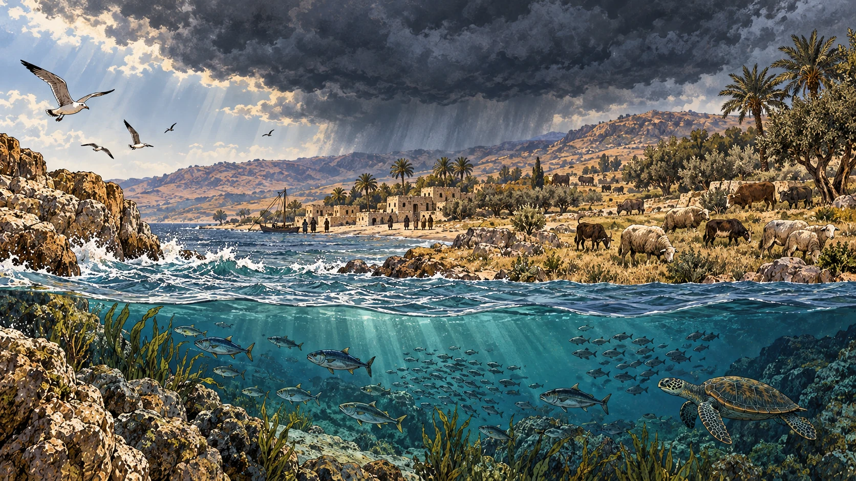 Symbolic connected landscape of land, sky and a transparent coastal water cutaway: tiny human silhouettes, grazing beasts, birds and fish under one descending dark cloud, no deaths.