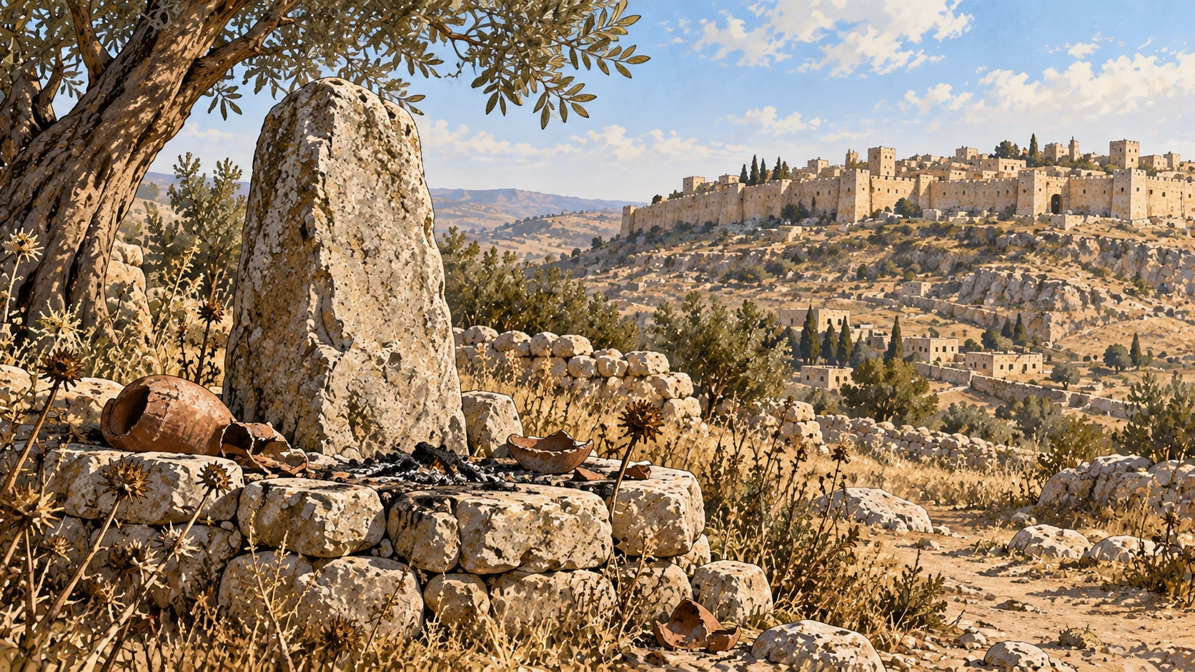 An abandoned standing stone and broken pottery occupy a cold shrine before distant Jerusalem walls.