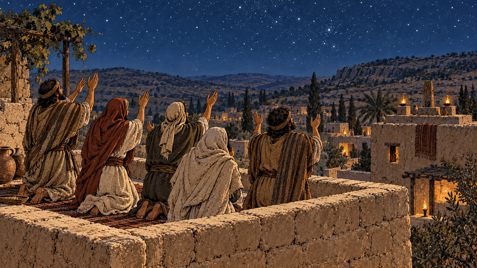 Night high oblique view of anonymous fully clothed adults kneeling on a flat mudbrick rooftop beneath stars, another distant rooftop shrine visible, no deity.