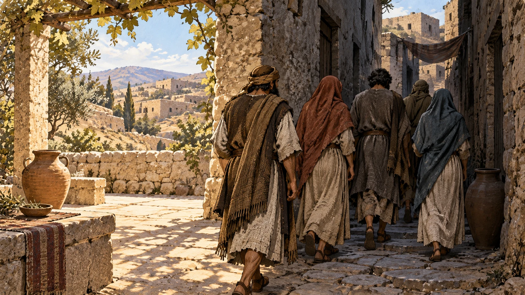 Rear view of anonymous clothed people walking away down a shadowed stone alley from a quiet open courtyard illuminated by dawn.