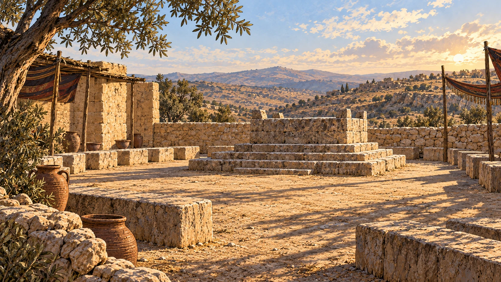 A still empty ancient gathering courtyard with low stone sacrificial platform unoccupied, no victim or feast, no flame; long shadows, no divine body.