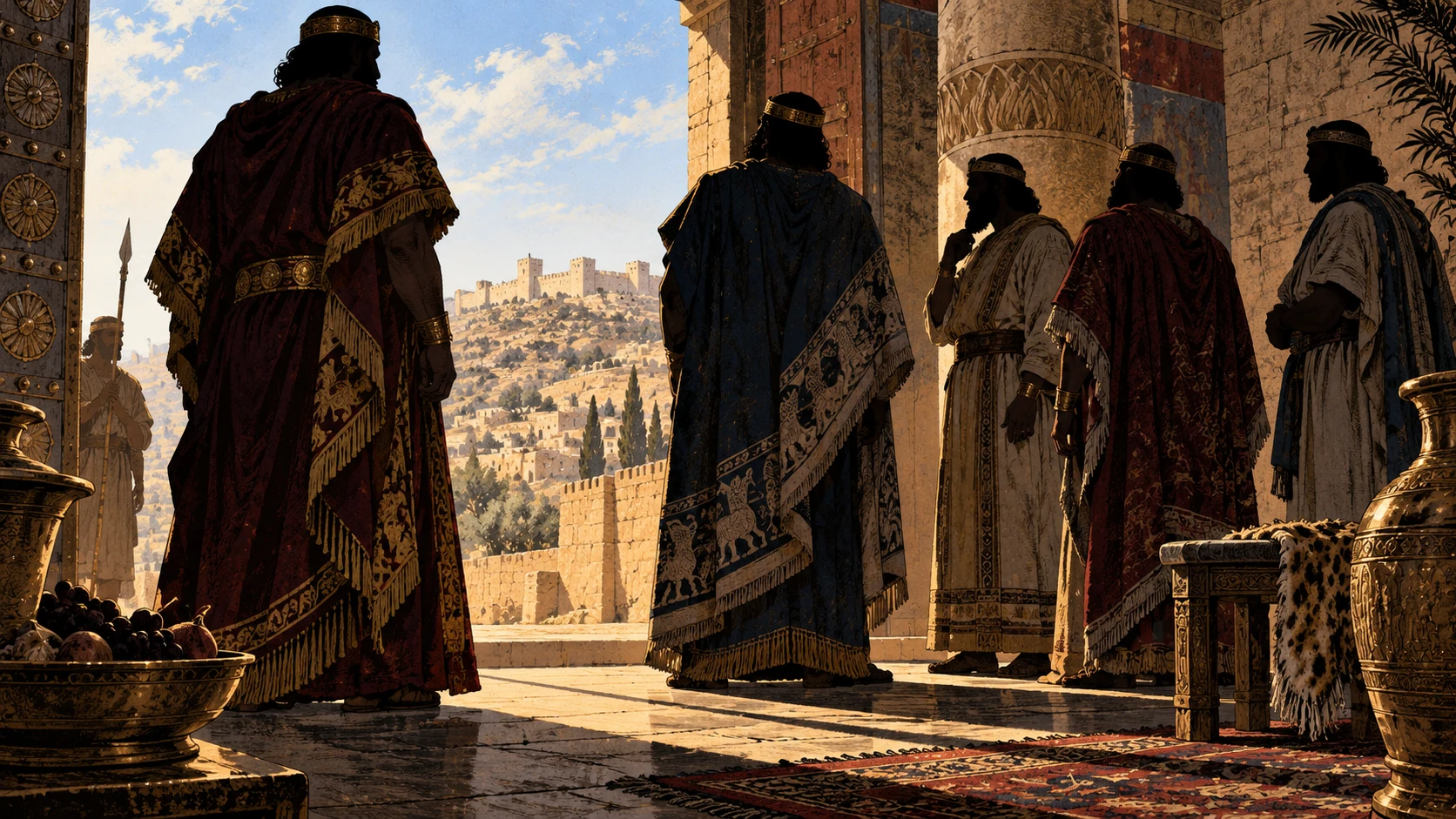Anonymous richly clothed officials seen in silhouette inside a palace doorway, varied imported textile hems and plain local linen, deep looming shadows.
