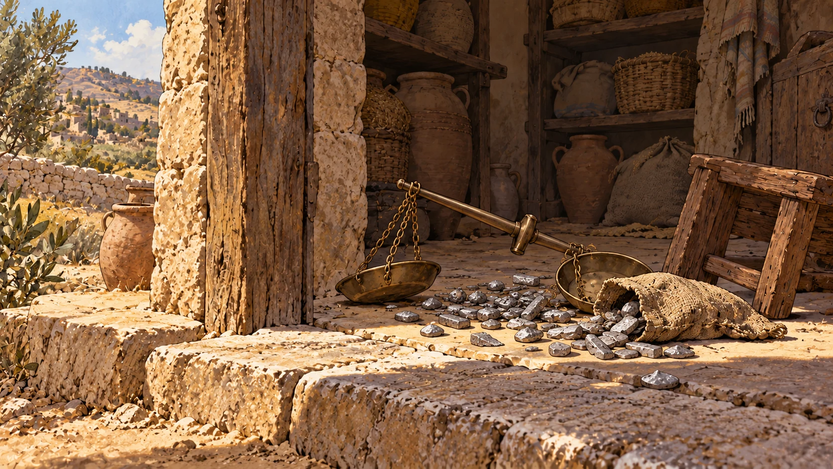 Low close view across a stone threshold into a storeroom: overturned scales, scattered silver and a fallen stool, no assault shown.