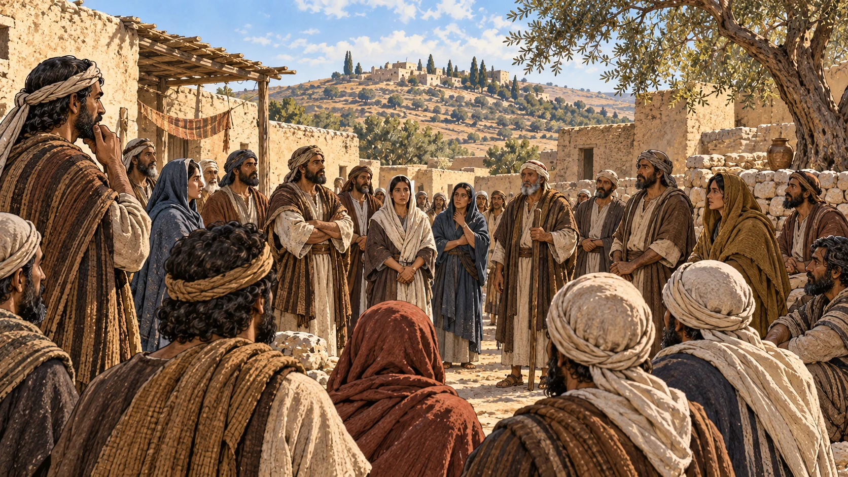 Wide eye-level anonymous Judahite adults gathering in a plain open village square, modest linen and wool, sober faces, no named prophet.