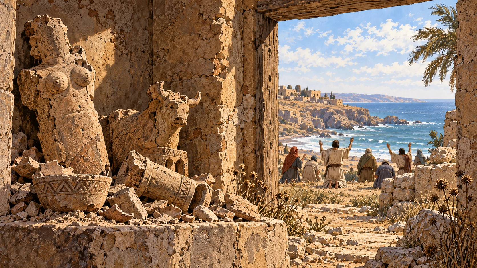 Foreground weathered crumbling anonymous clay idols in abandoned niche, beyond doorway small distant clothed figures kneel facing open sky beside sea.