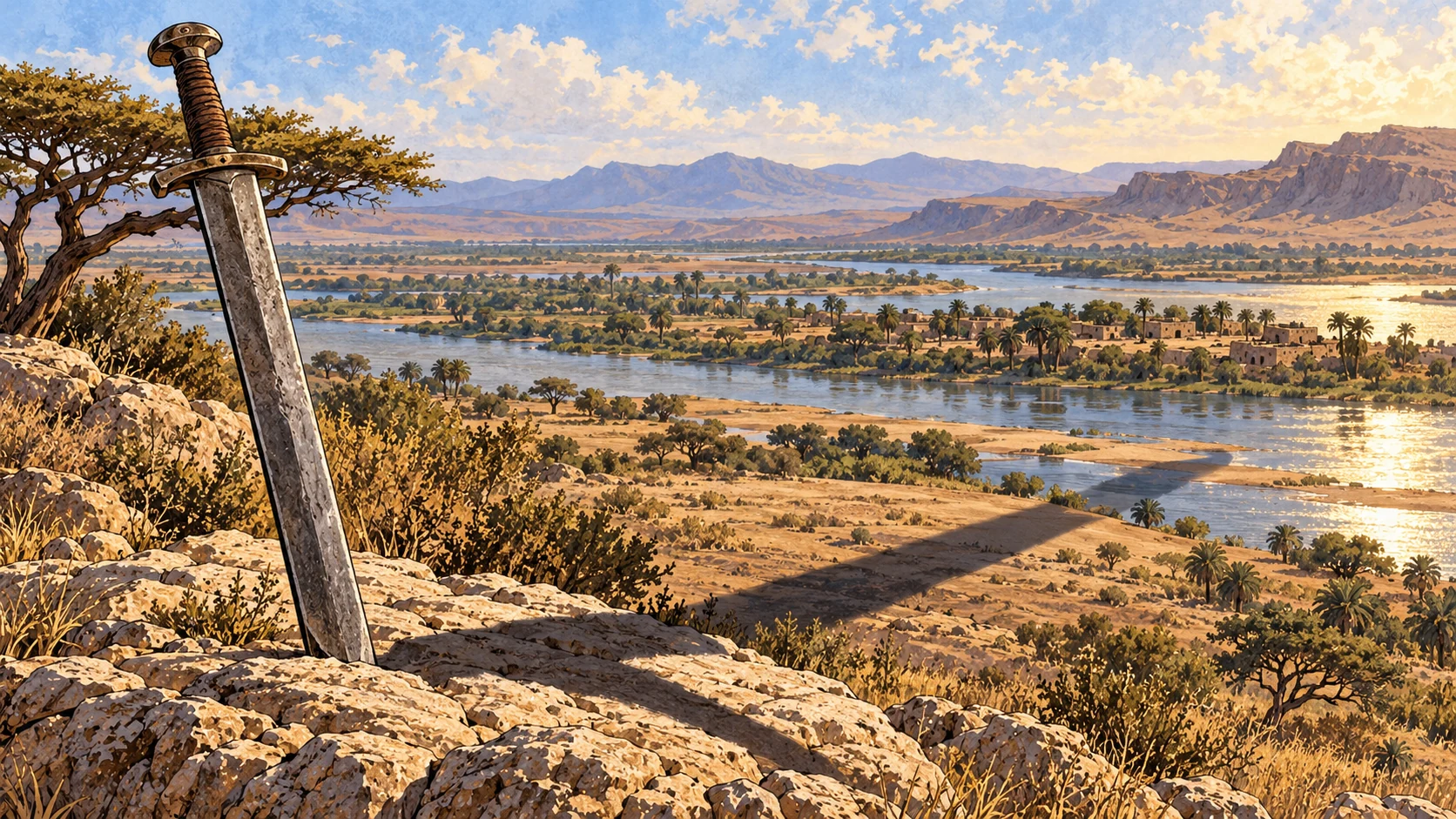 Symbolic plain iron sword casting a long dark shadow across distant riverbank landscape with sparse acacias, no wielder, victim or attack.