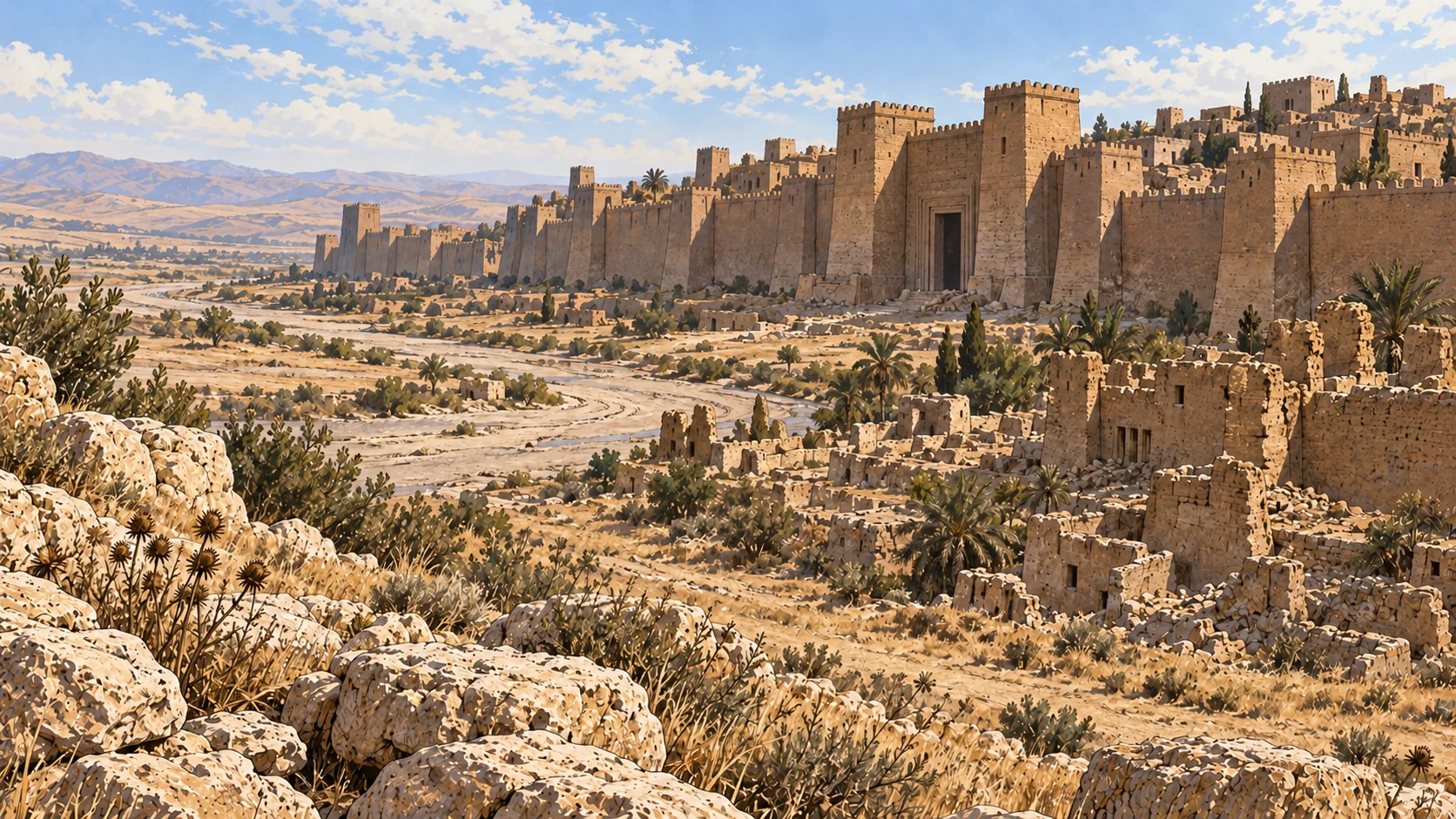 High panoramic deserted Assyrian city walls beside dusty dry plains, massive but plain mudbrick gates, no living army or divine hand.
