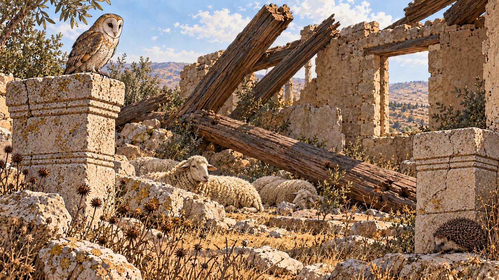 Intimate ruined courtyard: owl perched on broken column capital, hedgehog beneath another, sheep resting amid exposed fallen cedar beams, empty window.