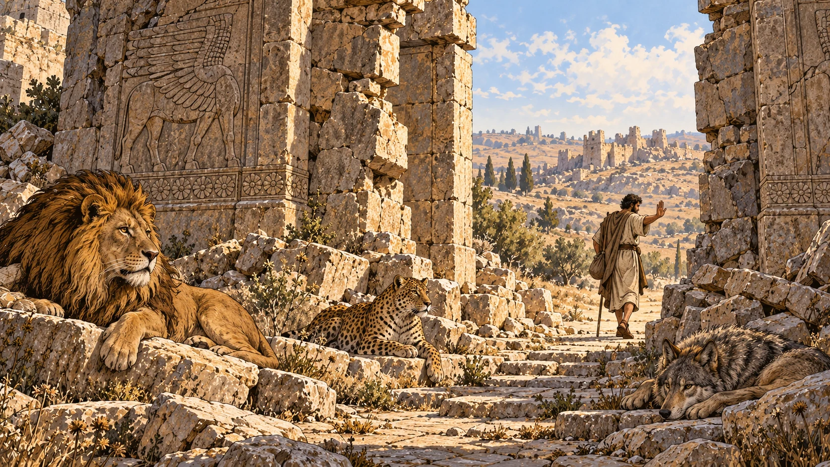 Reverse street view through ruined monumental gateway, wild animals resting inside while tiny clothed passerby turns outward with dismissive raised hand.