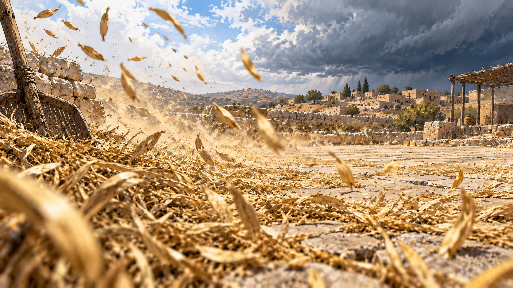 Macro foreground dry chaff blown across a stone threshing floor, gathering square only distant, sky bright fading toward storm.