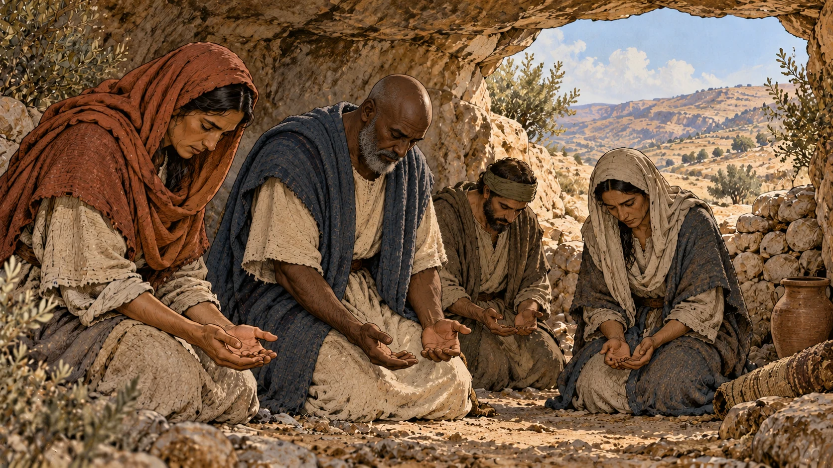 Low intimate view of anonymous plainly clothed adults kneeling quietly in a sheltered rock recess, open hands held low, no divine light figure.