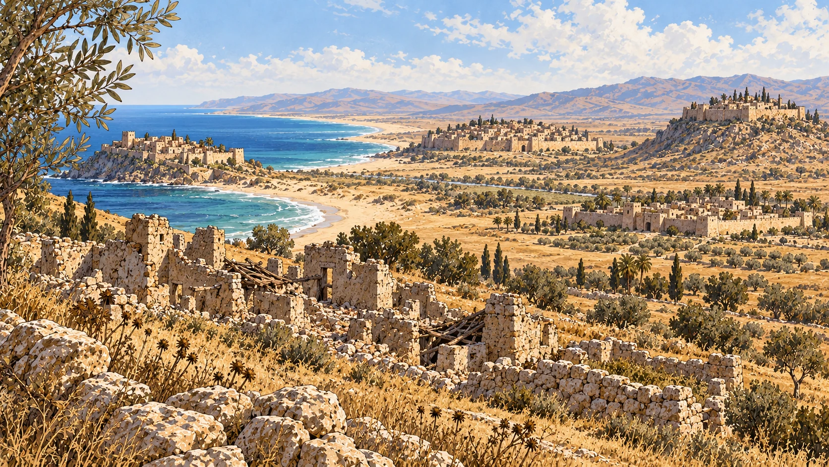 Panoramic symbolic coastal geography with four distinct modest distant walled settlements across dunes and inland plains, one abandoned near foreground, noon sun, no labels.