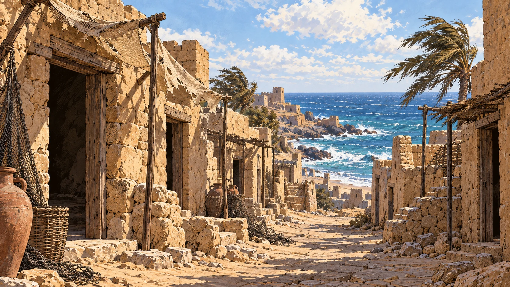 Deserted coastal mudbrick street seen toward the Mediterranean, vacant doorways and strong sea wind, no bodies or soldiers.