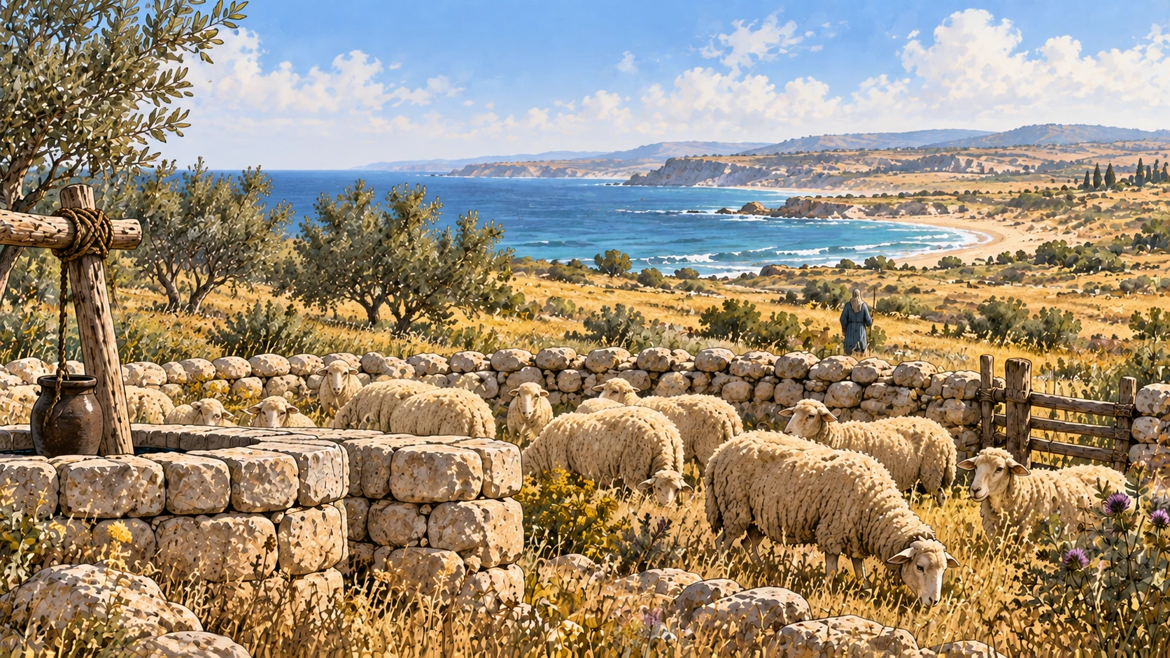 Bright wide seaside grassland with simple well, anonymous shepherd and small flock in rough stone enclosure, no city in foreground.