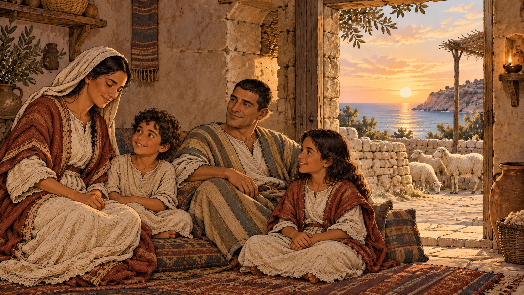 Warm evening interior of a modest coastal stone home with anonymous resting Judahite family, doorway opens to sheep and sunset sea.
