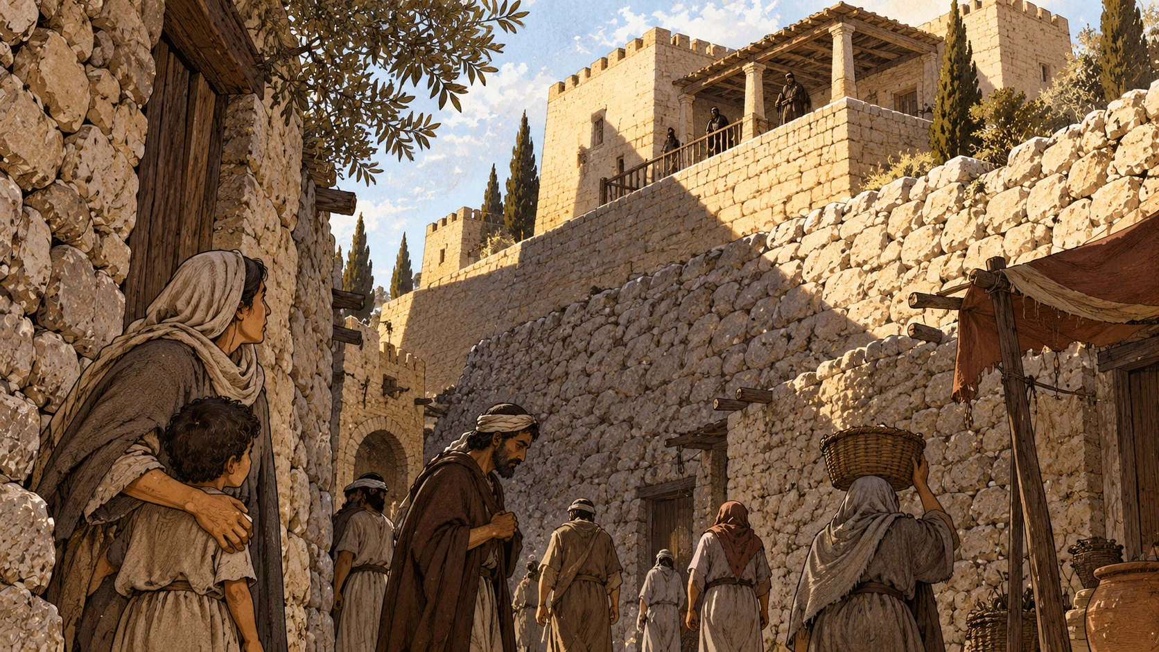 Tight urban canyon of rough stone walls with looming elevated residence shadow over anonymous small plainly clothed residents, no assault.