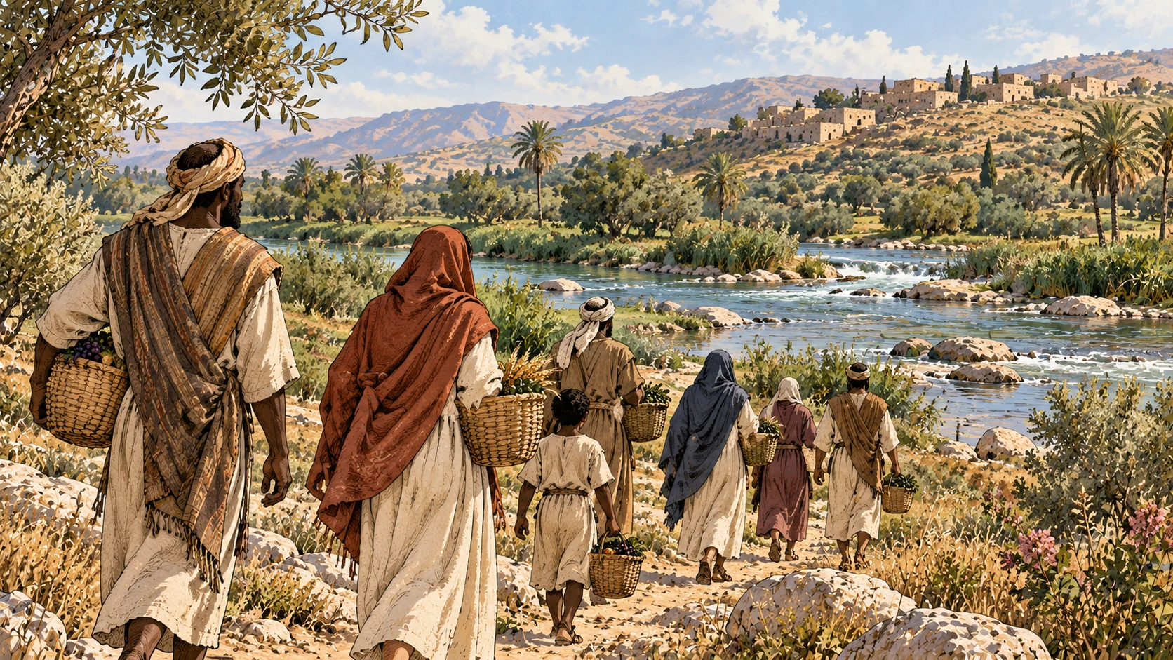 Broad lush river crossing landscape with anonymous dark-skinned clothed worshipers carrying plain baskets, seen from rear walking toward distant hills.