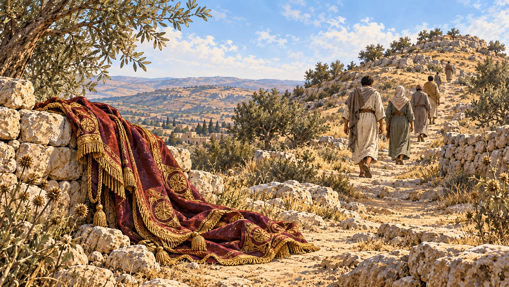 Modest mountain path with ornate abandoned mantle beside a low stone wall, anonymous plain-clothed small figures further uphill.