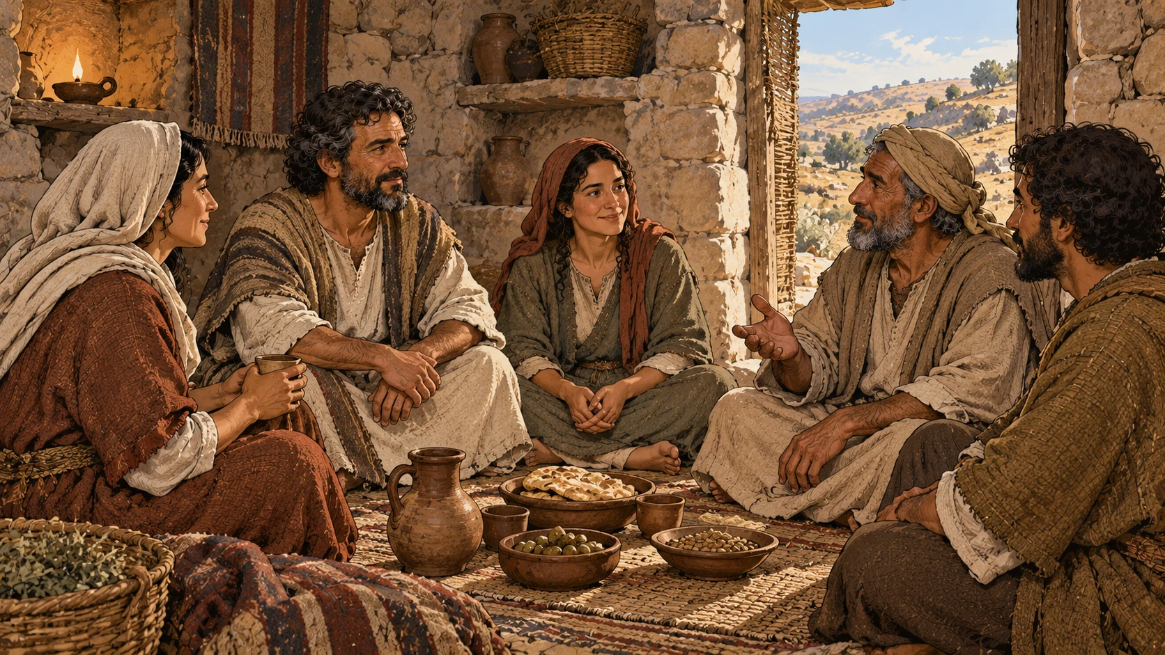 Intimate interior of simple rough-stone shelter where anonymous plainly clothed adults sit together at equal height, peaceful faces, no glowing deity.